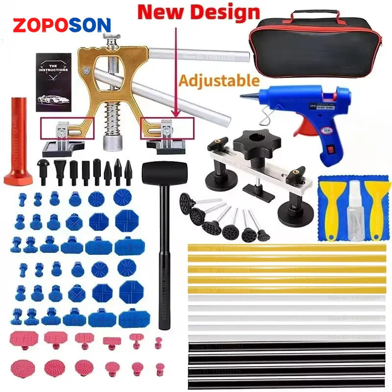 Kit outils de réparation de bosses et imperfection de voiture de la marque Zoposon choisissez votre kit de réparation de carrosserie sans peinture avec pistolet à colle, outil suceur de bosses.
