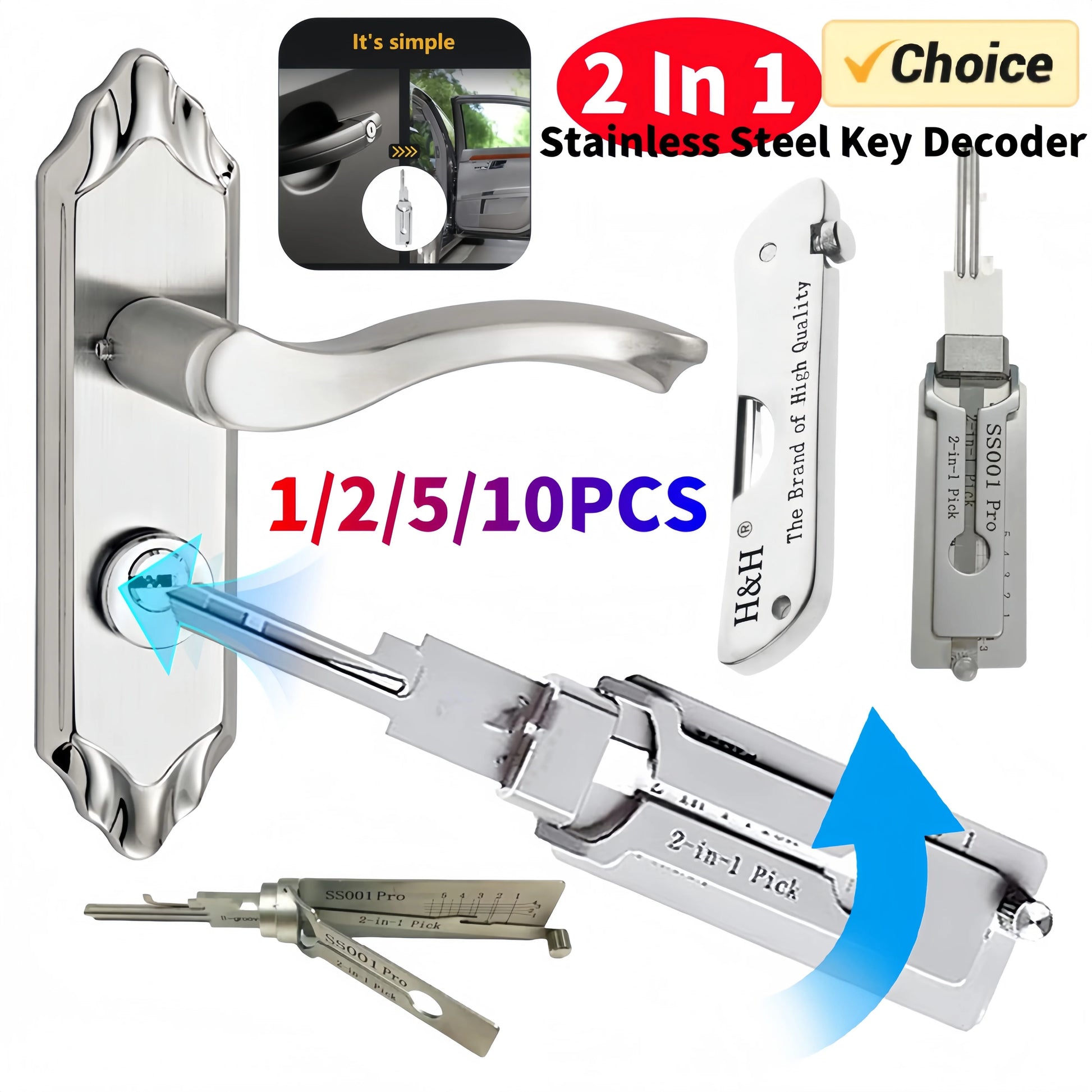 1-10PCS 2 In 1 Stainless Steel Key Decoder Precision Hook And Pick Set Lock Decoder O-ring Pickup Kit Maintenance Repair Hand To