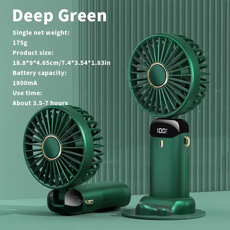 Mini ventilateur portable USB à main pliable avec 5 vitesses rechargeable USB avec support de téléphone et écran d'affichage.