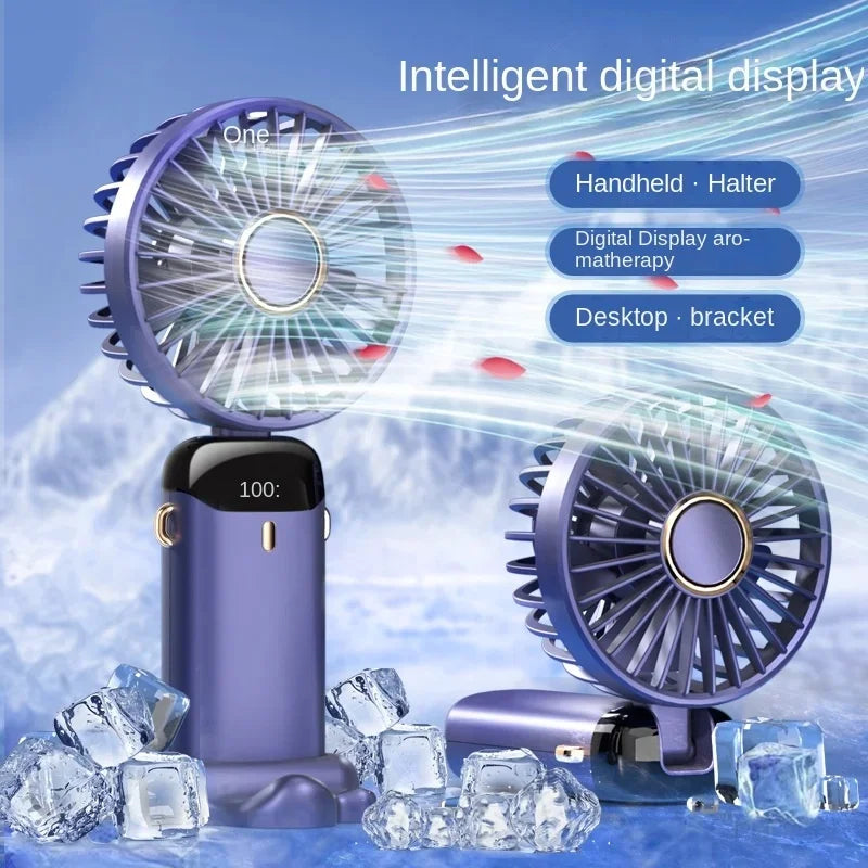 Mini ventilateur portable USB à main pliable avec 5 vitesses rechargeable USB avec support de téléphone et écran d'affichage.