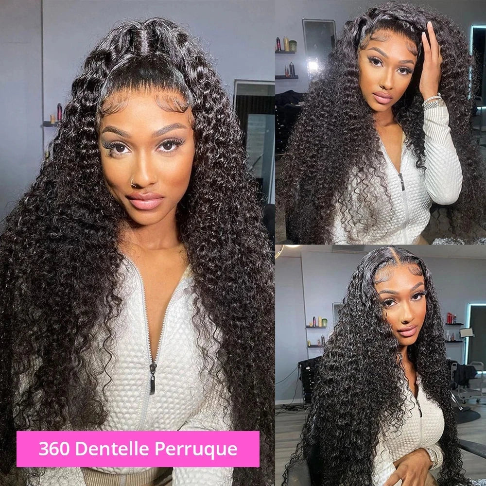 Perruques en cheveux humains en dentelle 360 HD à vagues profondes brésiliennes, perruque frontale en dentelle bouclées en cheveux pour femmes, pré-épilées