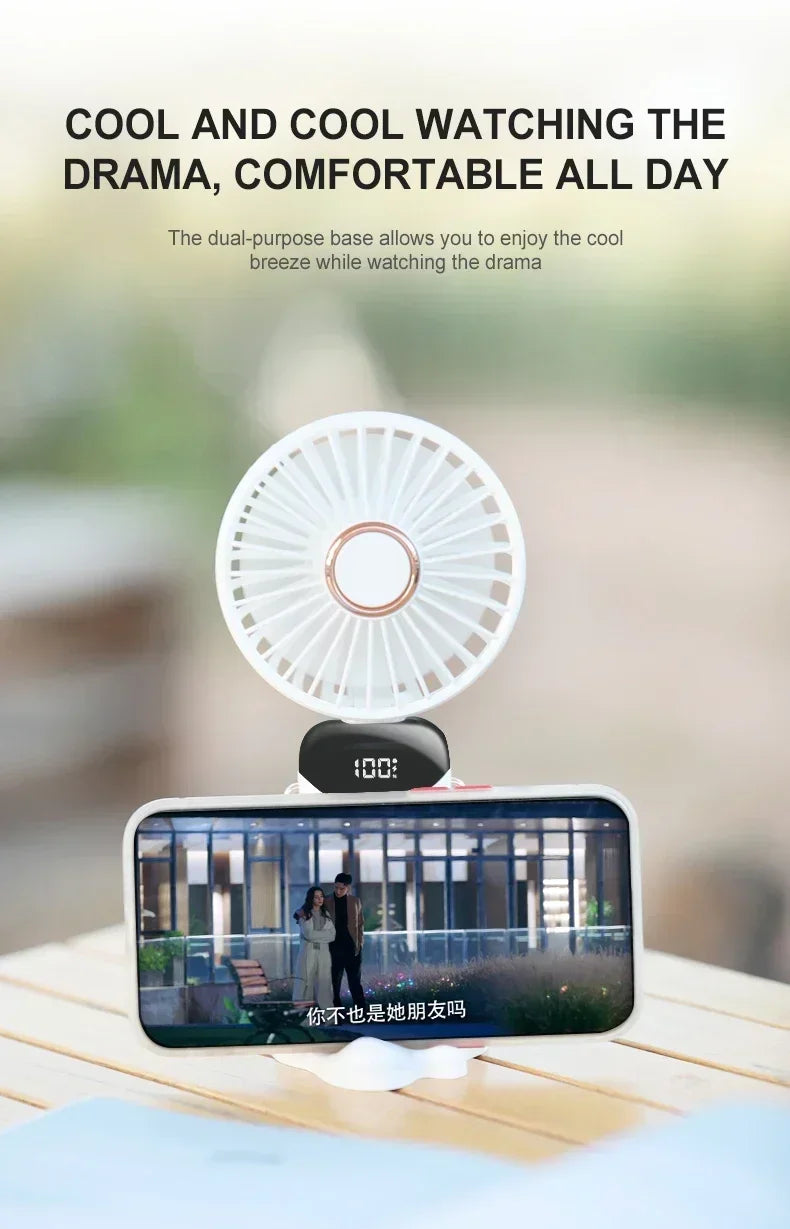 Mini ventilateur portable USB à main pliable avec 5 vitesses rechargeable USB avec support de téléphone et écran d'affichage.