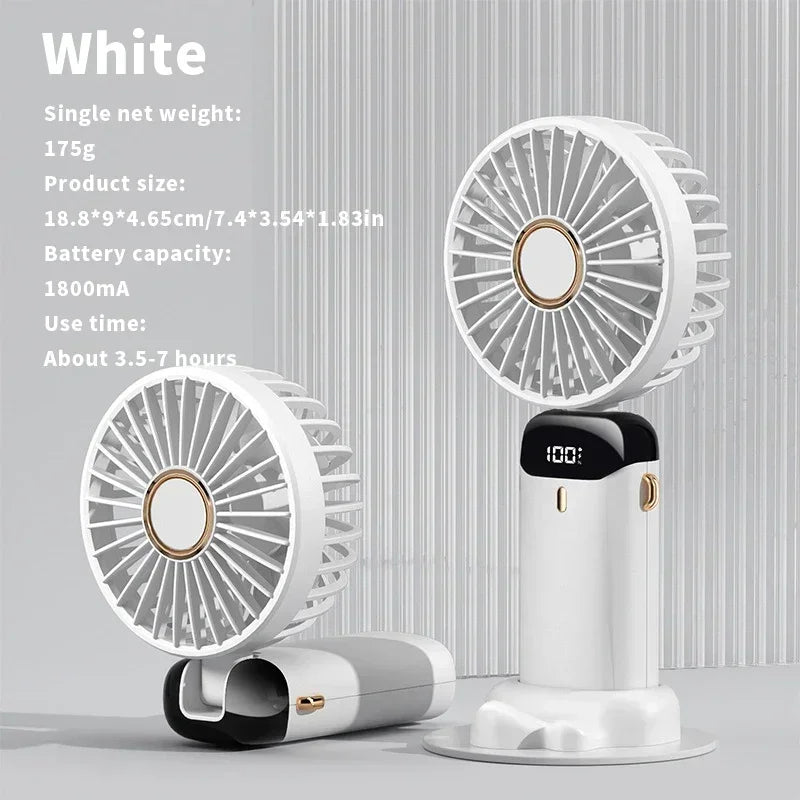 Mini ventilateur portable USB à main pliable avec 5 vitesses rechargeable USB avec support de téléphone et écran d'affichage.