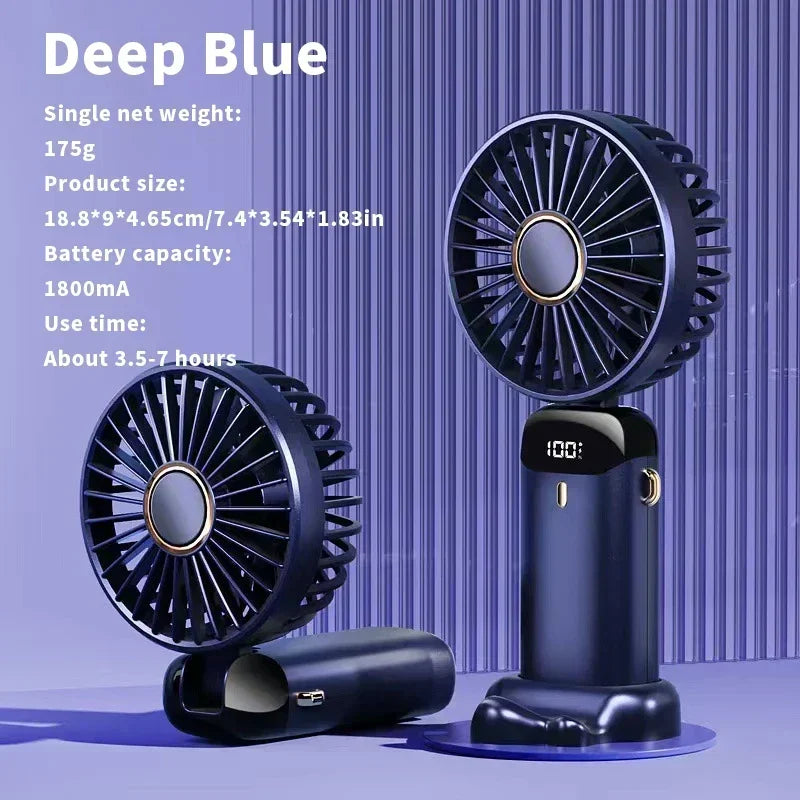 Mini ventilateur portable USB à main pliable avec 5 vitesses rechargeable USB avec support de téléphone et écran d'affichage.