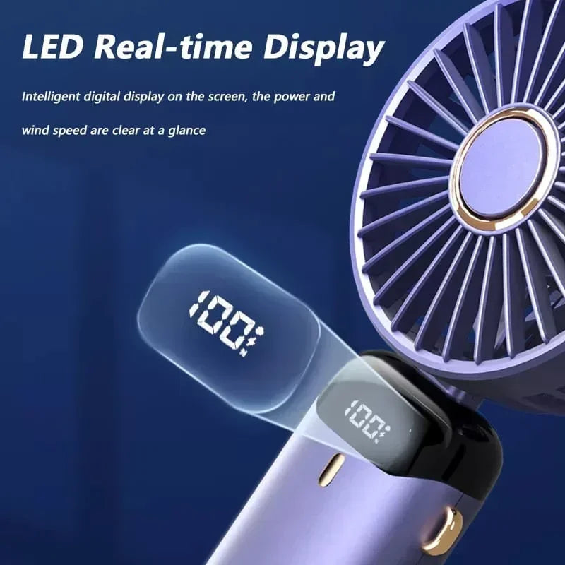 Mini ventilateur portable USB à main pliable avec 5 vitesses rechargeable USB avec support de téléphone et écran d'affichage.