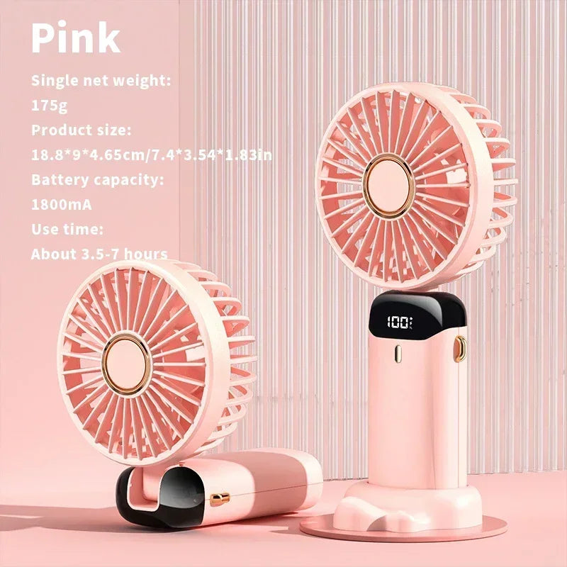 Mini ventilateur portable USB à main pliable avec 5 vitesses rechargeable USB avec support de téléphone et écran d'affichage.
