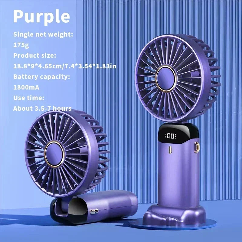 Mini ventilateur portable USB à main pliable avec 5 vitesses rechargeable USB avec support de téléphone et écran d'affichage.